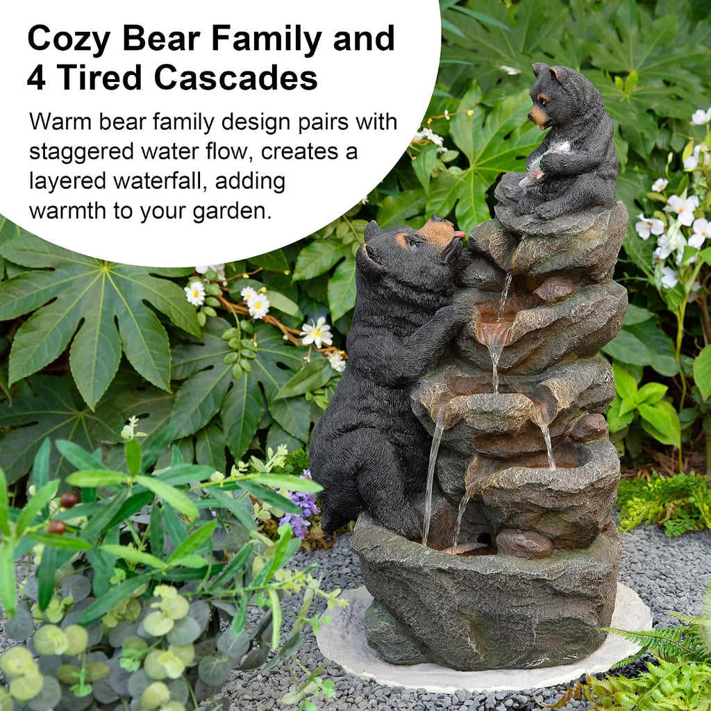 Glitzhome Water Fountain Outdoor, Outdoor Fountain with Lights & Pump, 30.5' H 4-Tiered Mom and Baby Bear Polyresin Cascading Waterfall Floor Standing Water Feature for Garden, Patio, Yard, Deck
