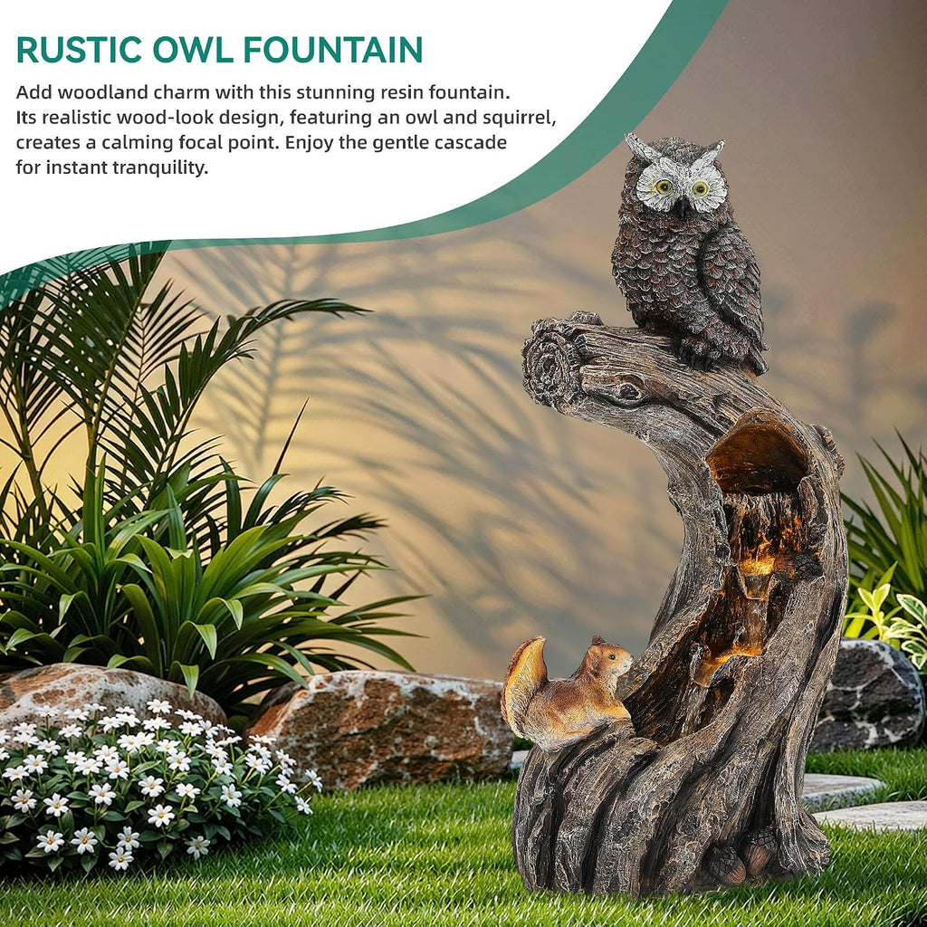 32' H Resin Owl Tree Trunk Fountain Outdoor, Forest Style 4-Tiers Water Feature Outdoor with Lights, Soothing Cascading Waterfall for Patio, Backyard, Garden or Porch