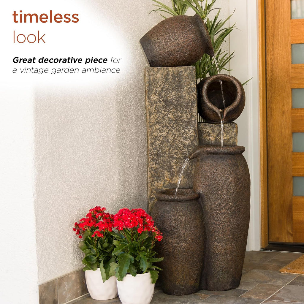 Alpine Corporation GIL140 43' Tall Indoor Outdoor Pottery Fountain with Replaceable LED Lights, Water Feature for Garden, Patio, and Home Decor, Brown