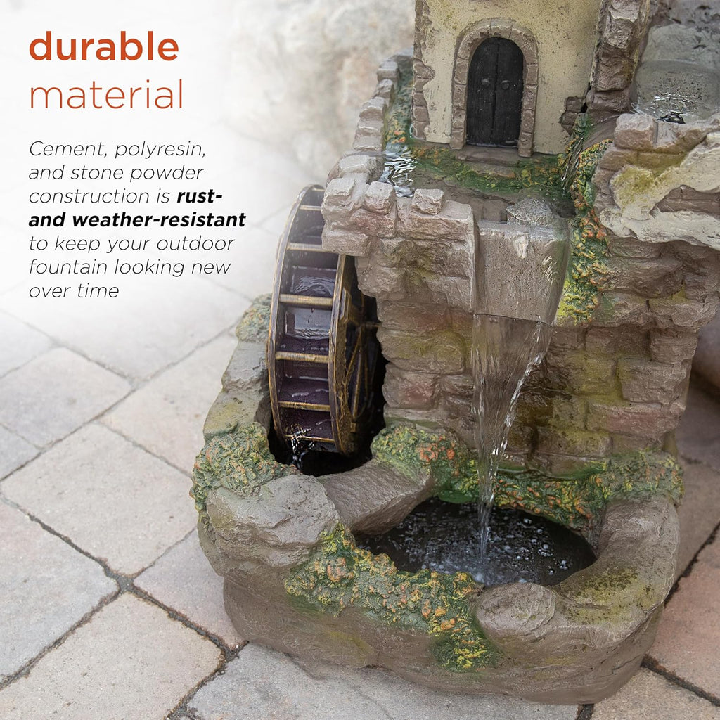 Alpine Corporation USA1164 Outdoor Floor Tiered Fairy Castle Waterwheel Water Fountain with Realistic Stone Look, 35', Brown