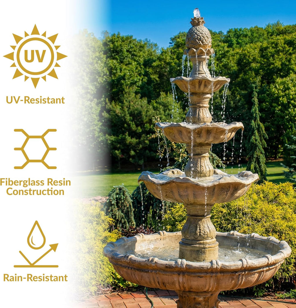 Sunnydaze Grand Courtyard 4-Tier Large Outdoor Water Fountain - 80' Tall Outdoor Fountain - Tiered Electric Garden Water Feature for Patio, Backyard, or Yard - Faux Stone Resin - Earth