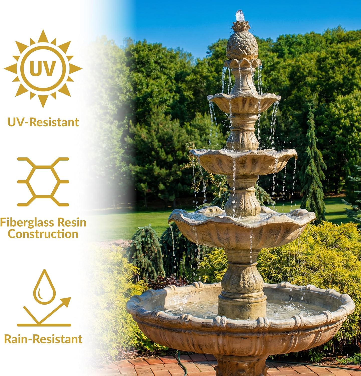 Sunnydaze Grand Courtyard 4-Tier Large Outdoor Water Fountain - 80' Tall Outdoor Fountain - Tiered Electric Garden Water Feature for Patio, Backyard, or Yard - Faux Stone Resin - Earth