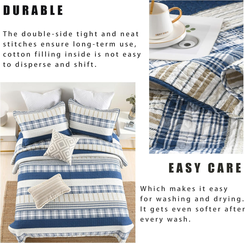 Homzard King Size Comforter Set - 100% Cotton Blue White Tan Quilt King Size,Farmhouse Plaid Striped Bedspread Set,Reversible Lightweight Quilts 3 Pieces