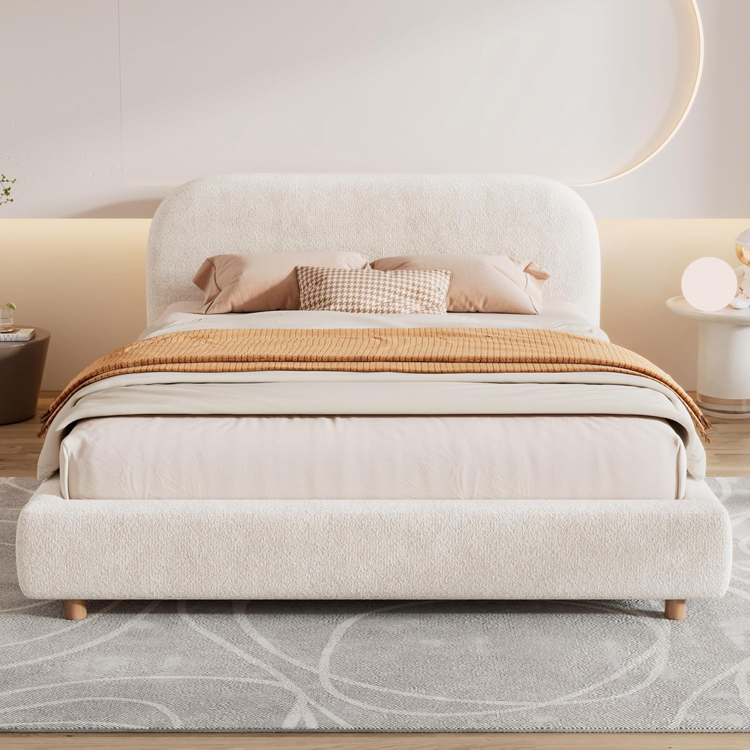 JIVOIT Queen Size Platform Bed with Curve-Shaped Design Headboard, Boucle Fabric Upholstered Platform Bed with Strong Support, Modern Bed Frame, No Box Spring Needed, Easy Assembly (White,Queen,8)