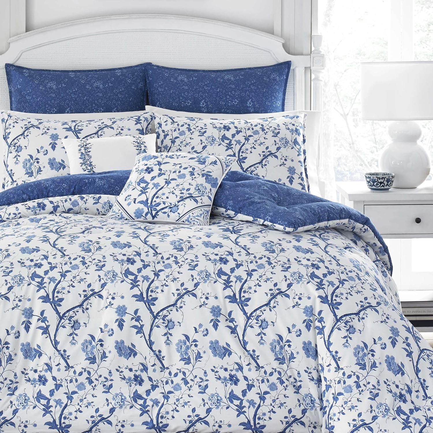 Laura Ashley Home - Twin Comforter Set, Reversible Cotton Bedding, Includes Matching Sham with Bonus Euro Sham & Throw Pillows (Elise Blue, Twin)