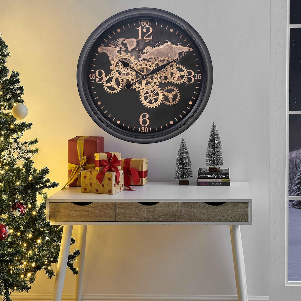 CLXEAST 24 Inch Moving Gear Wall Clock with World Map Pattern,Large Black Gold Metal Wall Clock for Modern Farmhouse Living Room Decor,Reloj De Pared para Sala