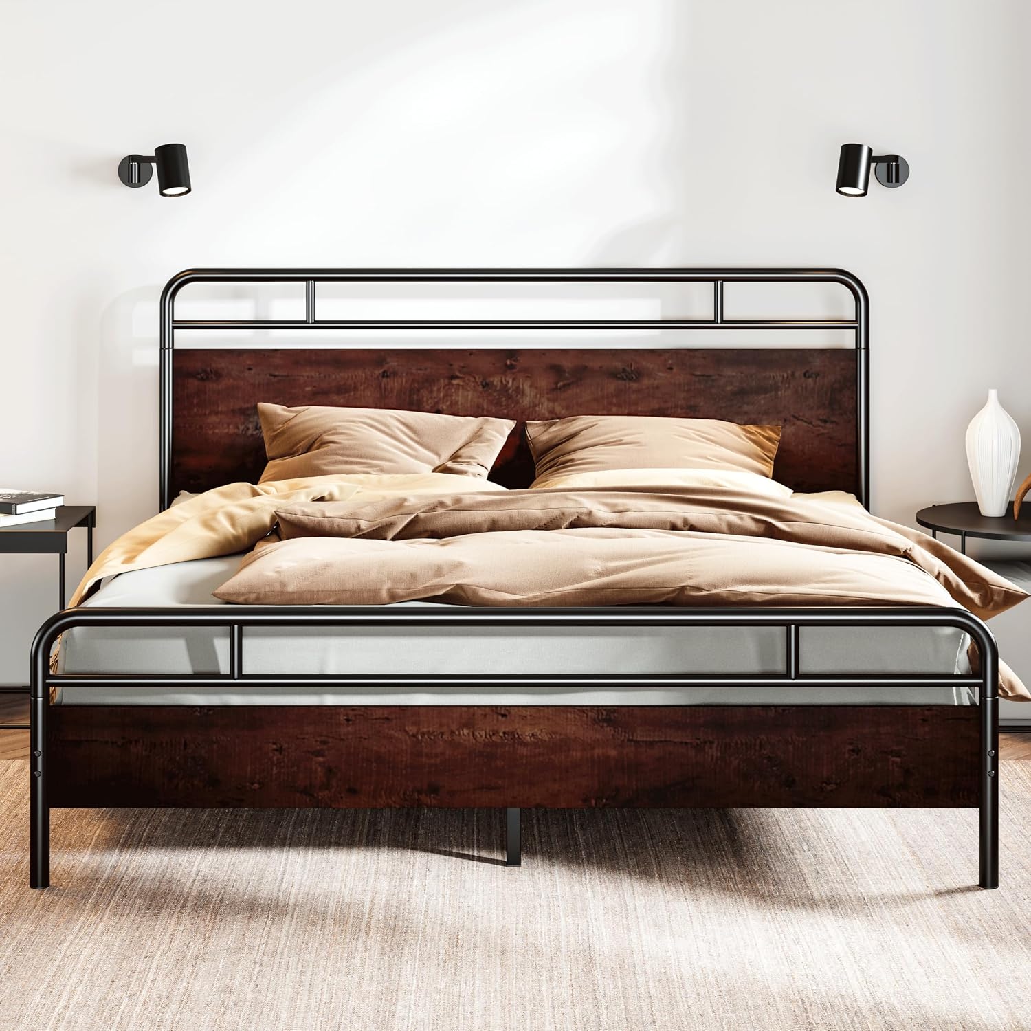 SHA CERLIN King Size Bed Frame with Wooden Headboard and Footboard, Rounded Corner Metal Structure, Heavy Duty Slats with Under-Bed Storage, No Box Spring Needed, Mahogany