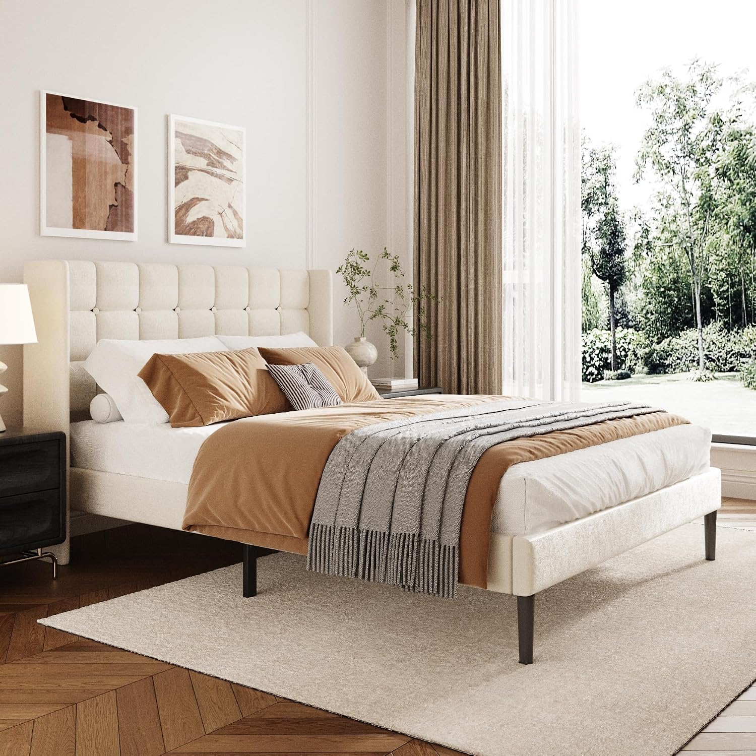 Queen Size Bed Frame with Wingback Headboard, Velvet Upholstered Platform Bed Frame with Button Tufted Headboard, Wooden Slats Support, No Box Spring Needed, Noise Free, Easy Assembly, Beige