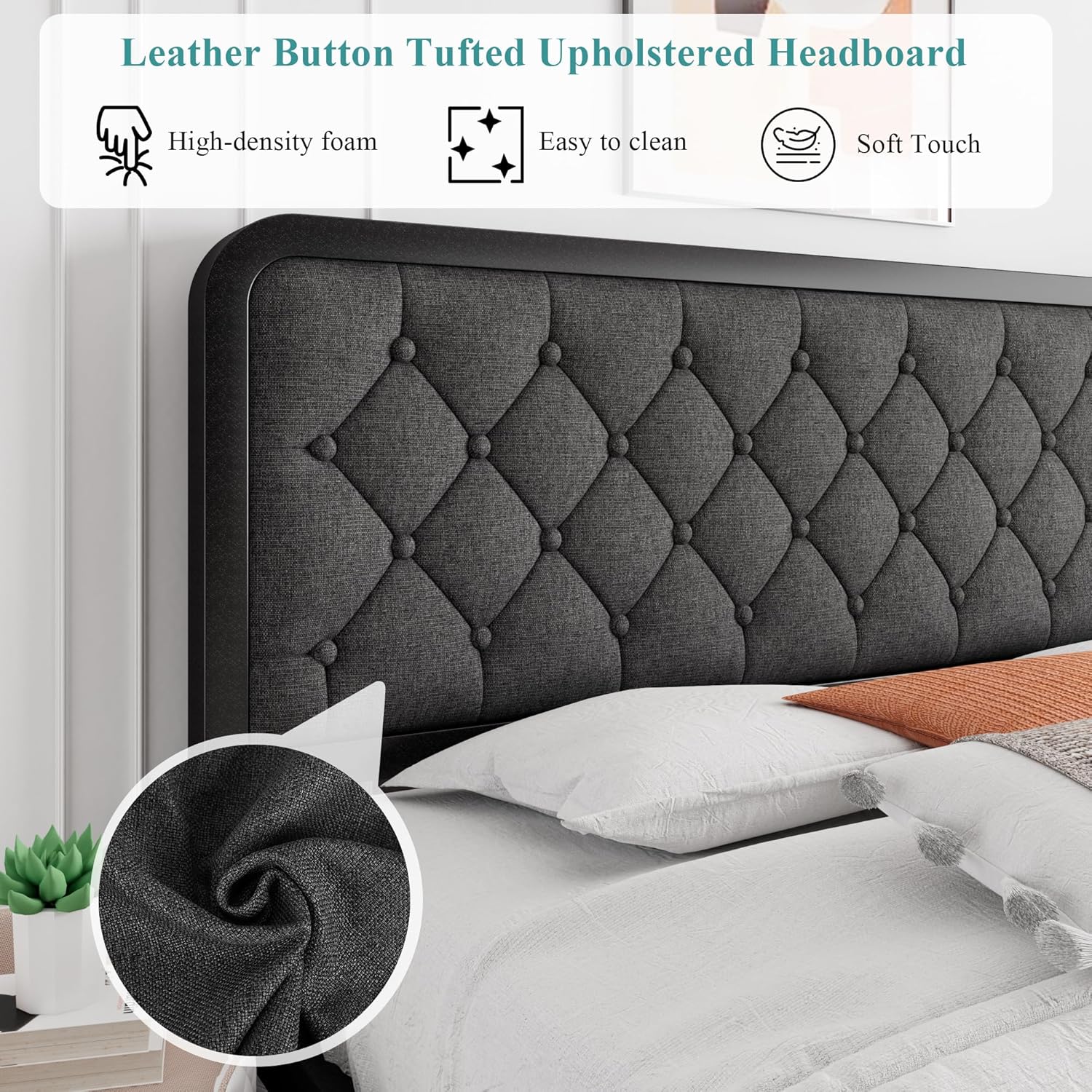 iPormis Queen Bed Frame with Headboard Faux Leather Upholstered Bed Frame Platform, All Metal Slats Support Platform Bed Frame with 12' Under Bed Space, Noise Free, No Box Spring Needed, Dark Grey