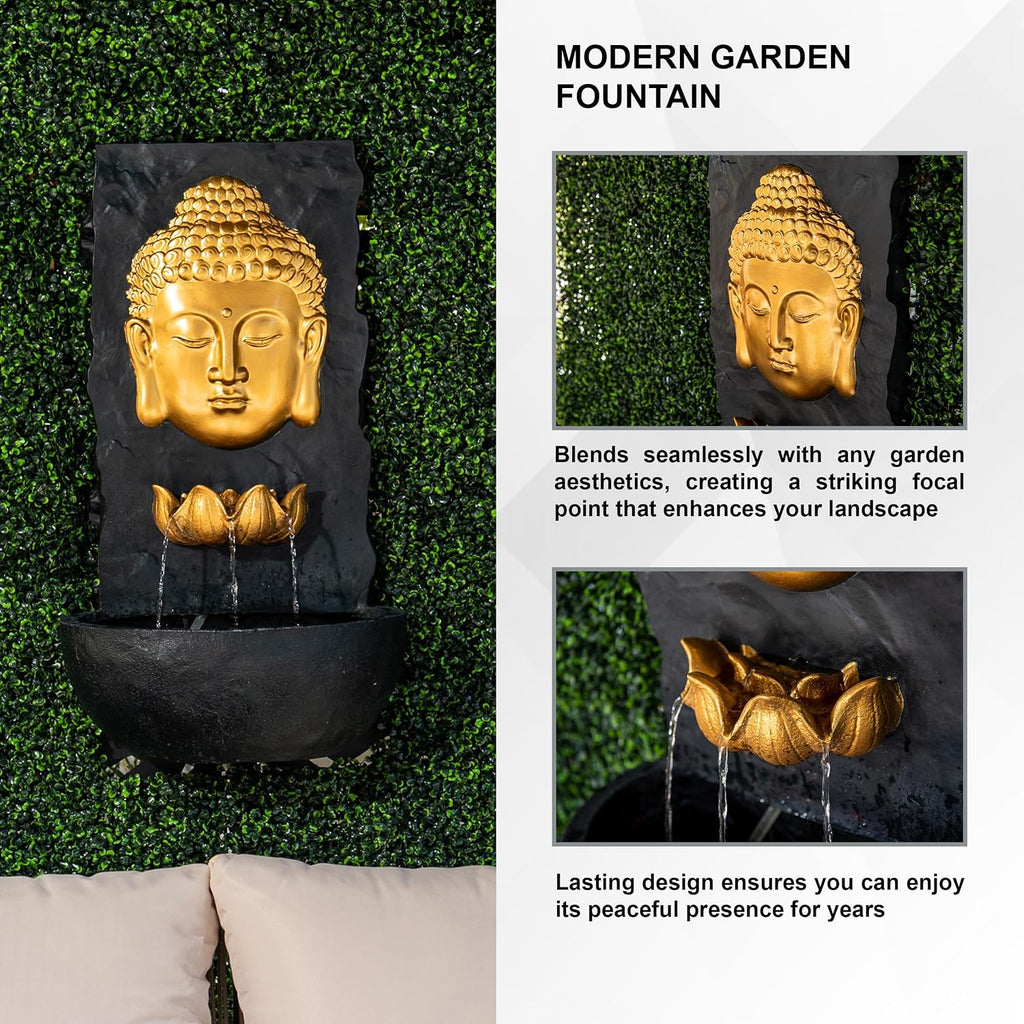 XBrand 30 in H Fiber Resin Wall Buddha Zen Outdoor Garden Water Fountain w/Warm LED Light, Gold