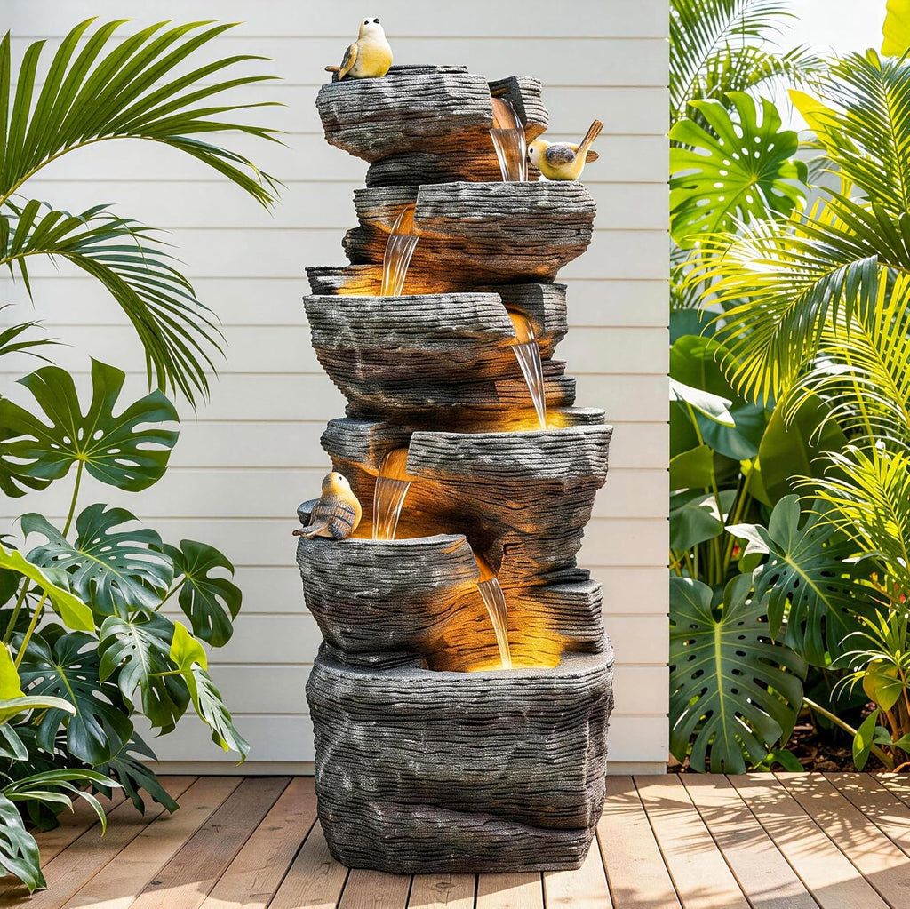 40' H Extra-Large Rock Outdoor Water Fountain with LED Lights, 6-Tier Cascading Stone Waterfall with Birds for Garden Patio Porch, Weather-Resistant Polyresin Water Feature for Tranquil Oasis