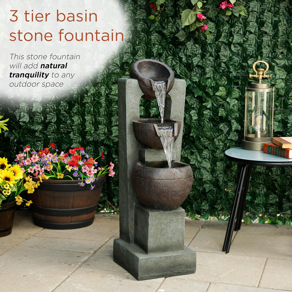 Alpine Corporation TZL400 34' 3 Tier Basin Cascading Fountain with LED Lights, Elegant Outdoor Water Feature for Garden, Patio, Yard & Outdoor Spaces, Relaxing Waterfall Fountain, Gray
