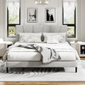 Sismplly Queen Size Platform Bed Frame with Upholstered Headboard, Wooden Slats Support, Noise Free, No Box Spring Needed, Easy Assembly, Light Grey, Linen