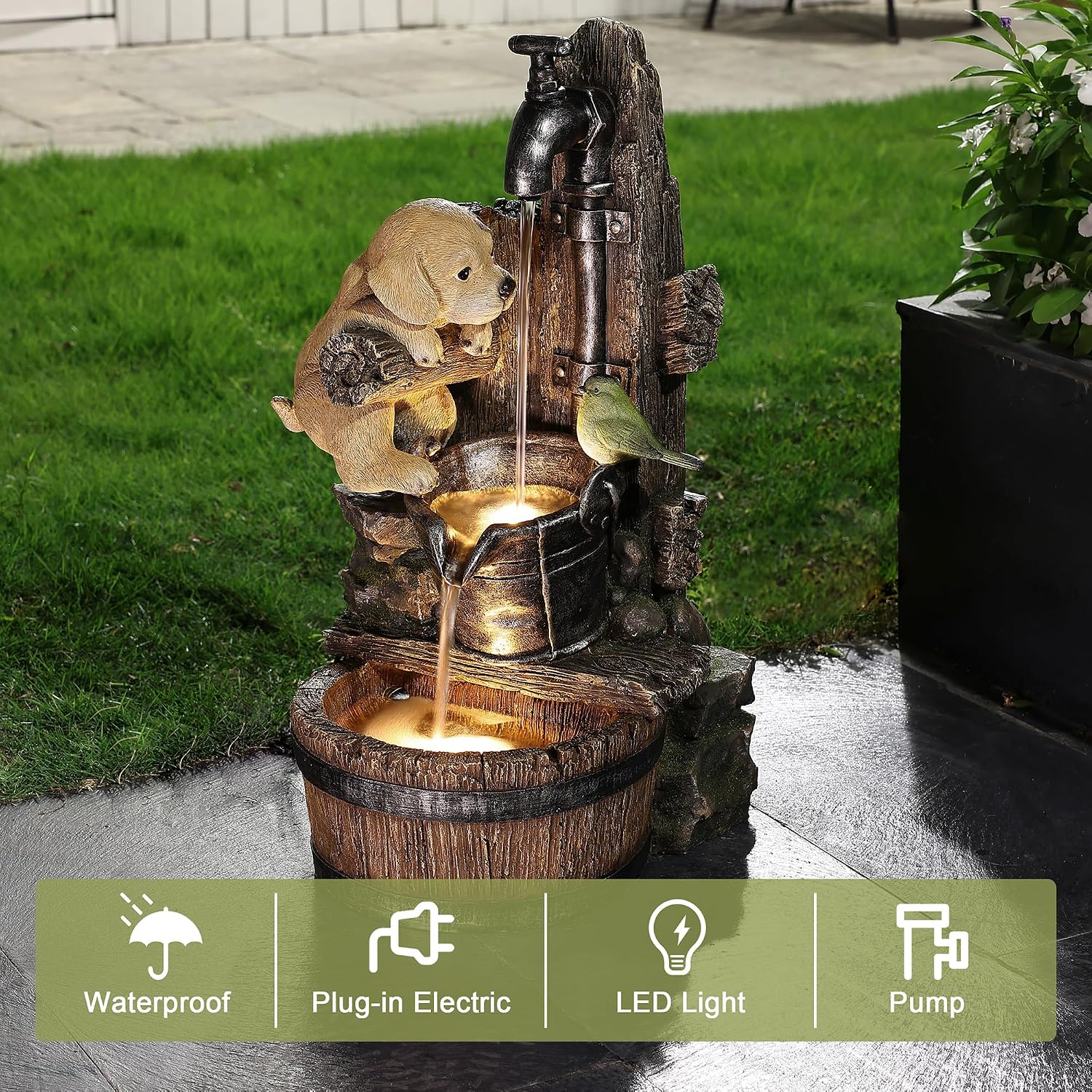 LuxenHome Water Fountain Outdoor, 25' Whimsical Puppy Dog Resin Outdoor Water Fountain with LED Lights, Decorative Garden Waterfall Fountains Indoor and Outdoor for Patio, Garden Decor