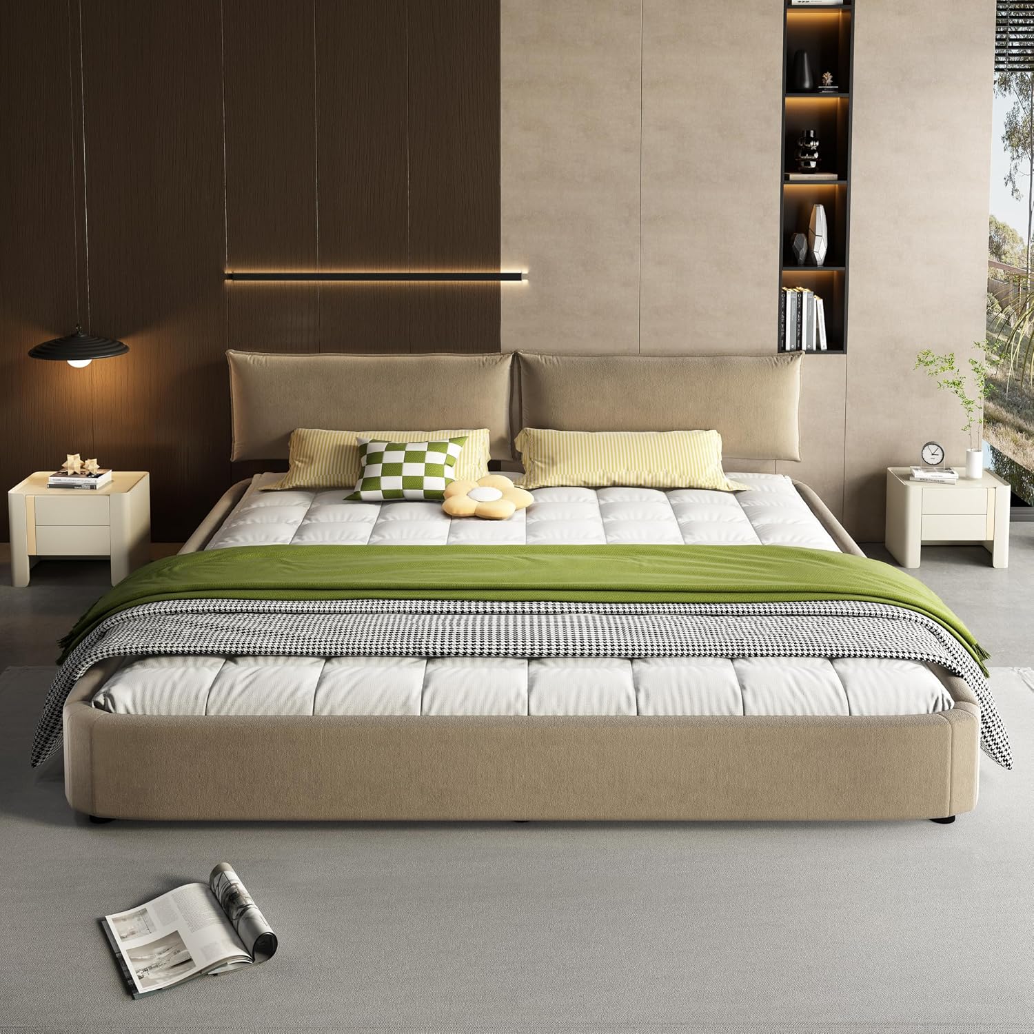 JIVOIT King Size Upholstered Platform Bed, Chenille Cloud Bed Frame with Oversized Padded Movable Headboard, Round Corner, Metal + Solid Wooden Slat Double Support, No Box Spring Needed (Camel-65)