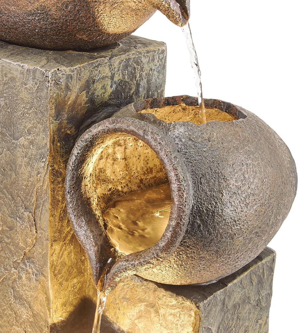 Alpine Corporation GIL140 43' Tall Indoor Outdoor Pottery Fountain with Replaceable LED Lights, Water Feature for Garden, Patio, and Home Decor, Brown