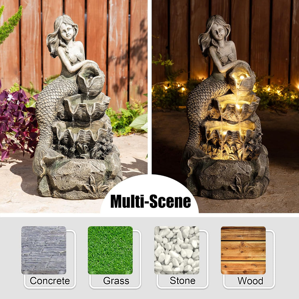 Glitzhome Water Fountain Outdoor, Outdoor Fountain with Lights & Pump, 22.25' H 4-Tiered Concrete Mermaid Polyresin Waterfall Floor Standing Water Feature for Garden, Patio, Yard, Deck, Porch