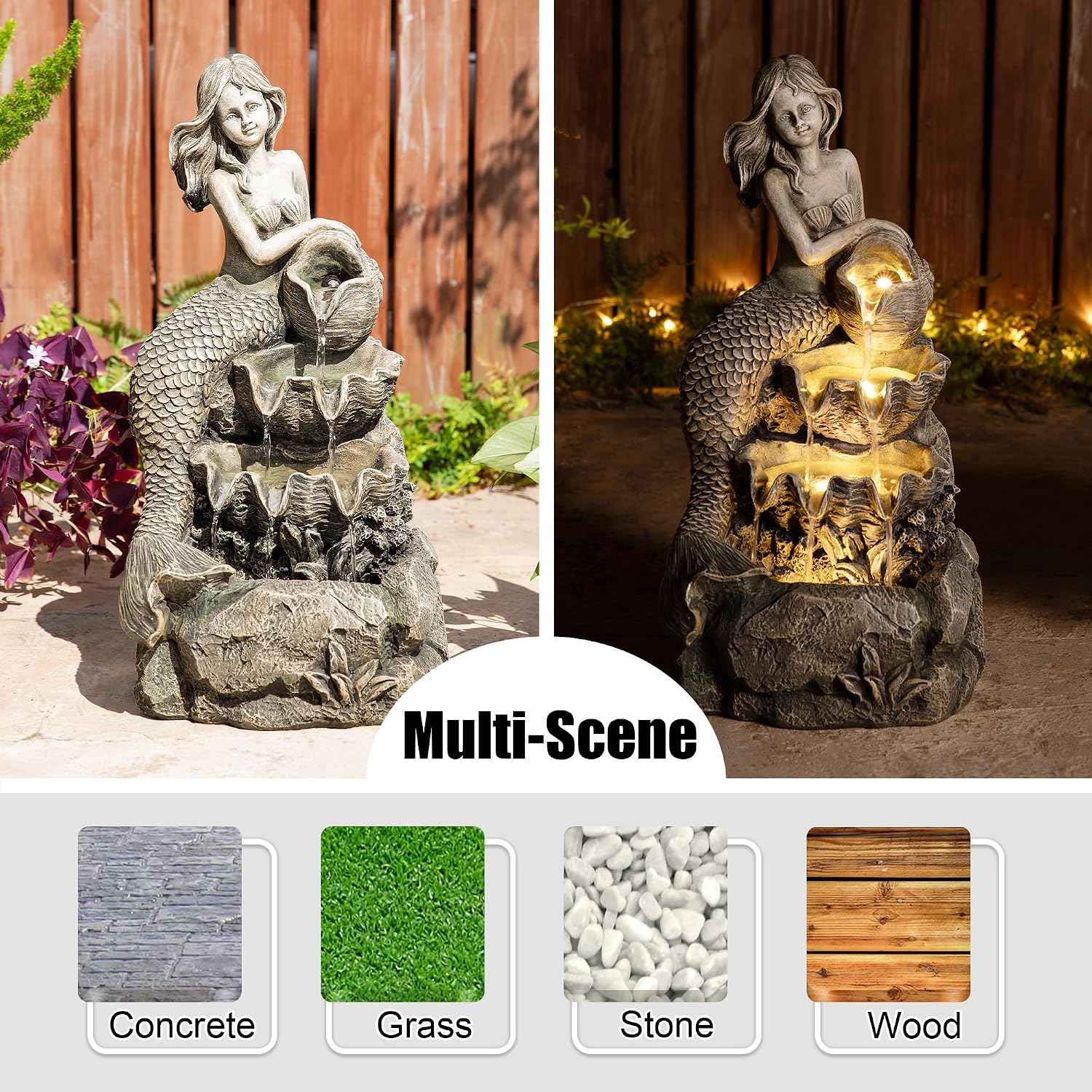 Glitzhome Water Fountain Outdoor, Outdoor Fountain with Lights & Pump, 22.25' H 4-Tiered Concrete Mermaid Polyresin Waterfall Floor Standing Water Feature for Garden, Patio, Yard, Deck, Porch