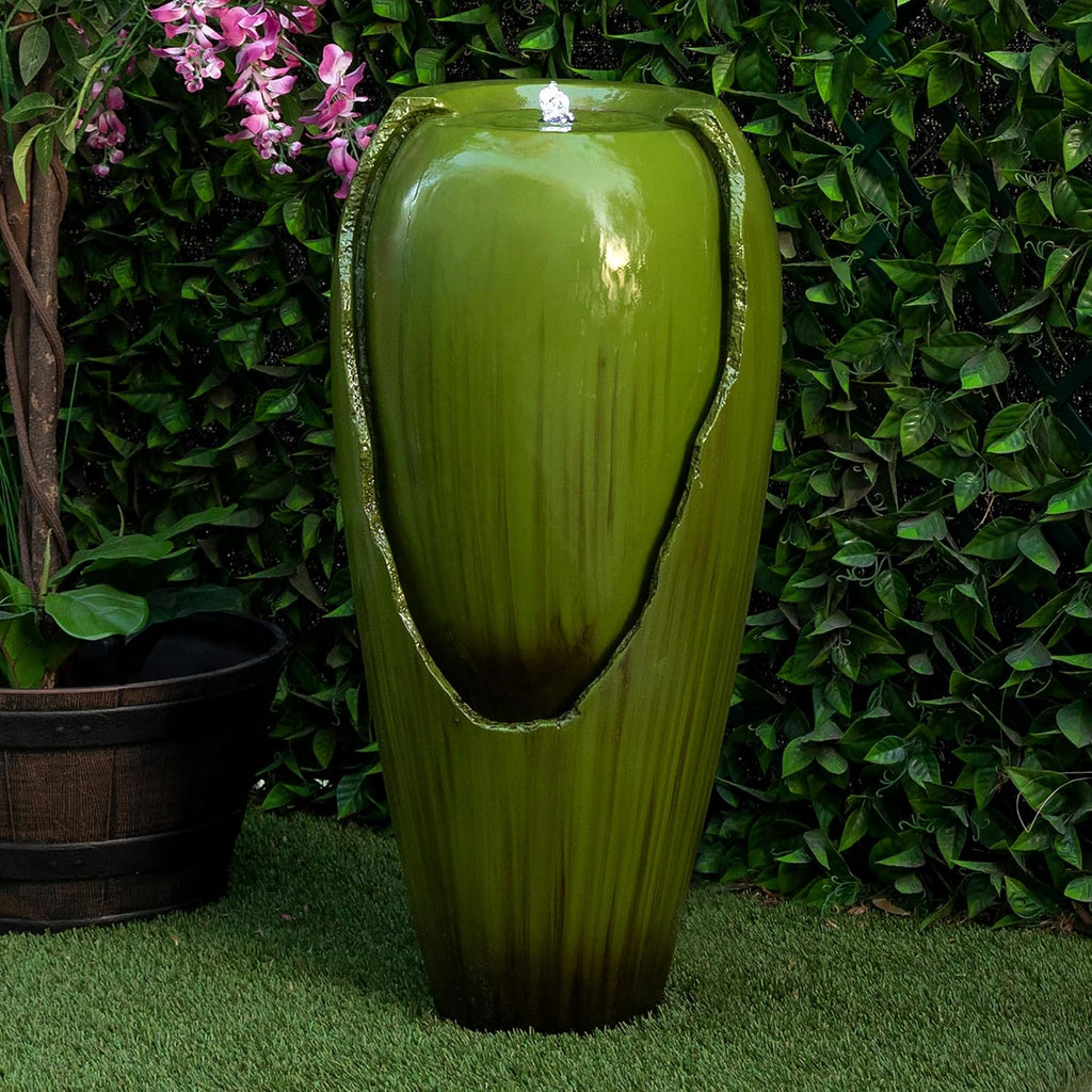 Alpine Corporation 33' Tall Outdoor Vintage Cascading Antique Jar Water Fountain with LED Lights for Gardens, Patios, and Yards, Green