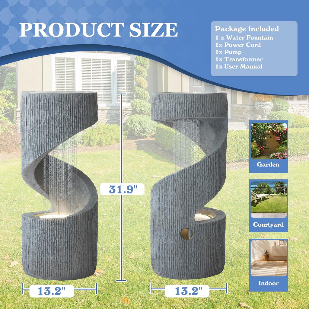 31.9' Outdoor Garden Water Fountain, S-Shaped Cascading Fountains and Waterfalls with LED Lights & Splash-Proof Net, Indoor/Outdoor Floor Standing Water Feature for Patio, Backyard, Home Decor