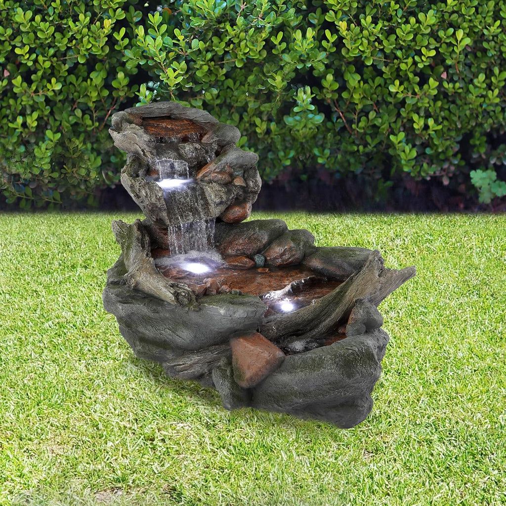 Alpine Corporation | 60'L Outdoor 3-Tier Rainforest Rock River Hand-Painted Water Fountain with LED Lights — Garden, Patio & Yard Décor