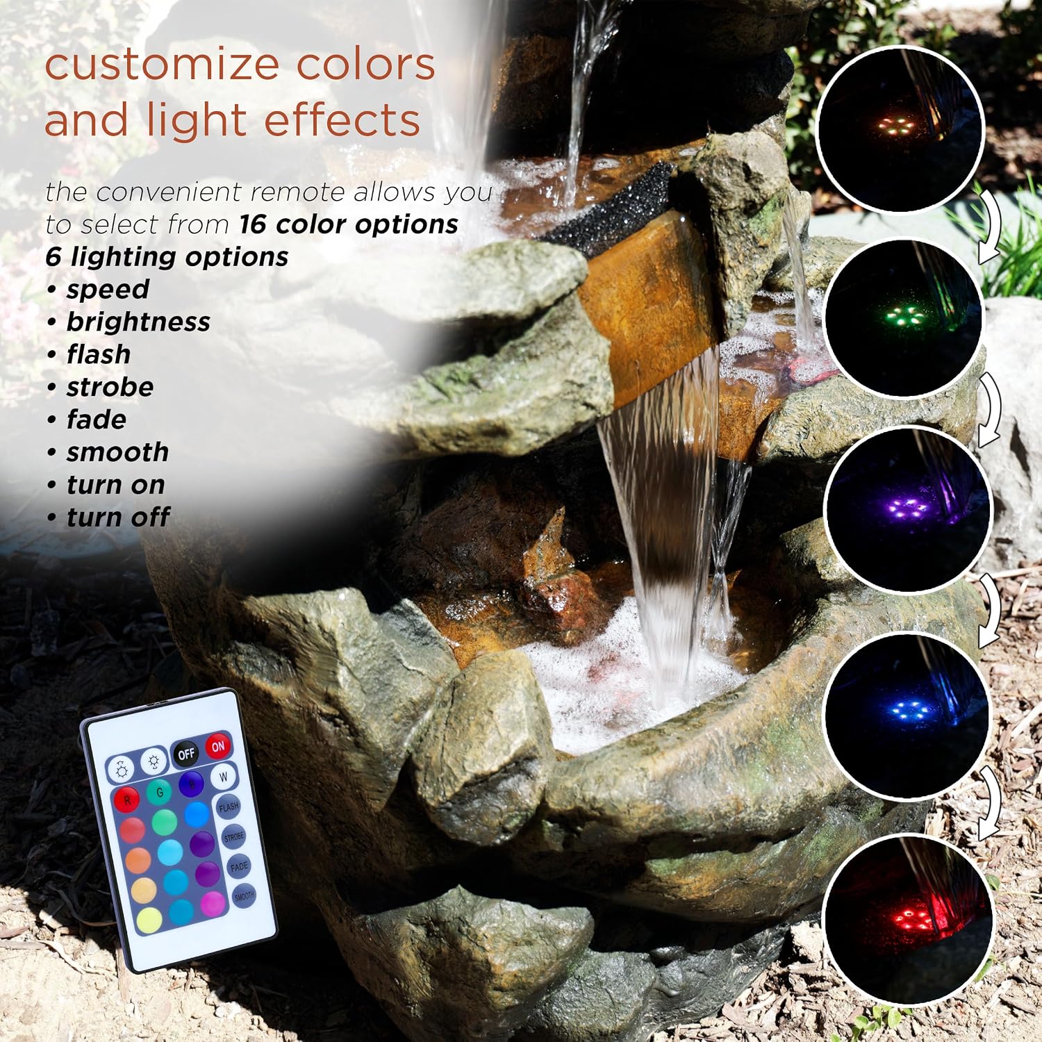 Alpine Corporation 51' Tall 6-Tier Outdoor Rainforest Waterfall Floor Fountain, Weather-Resistant Design with Color-Changing LED Lights & Remote Control, Gray