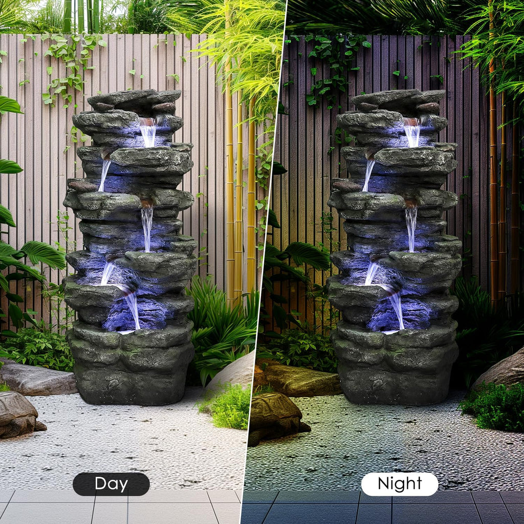 SunJet 40' High 6-Tiers Cascading Rock Outdoor Water Fountain with LED Lights - Large Outdoor Fountains and Waterfalls for Garden or Patio, Yard, and Deck Decor, Featuring Natural Stone Look