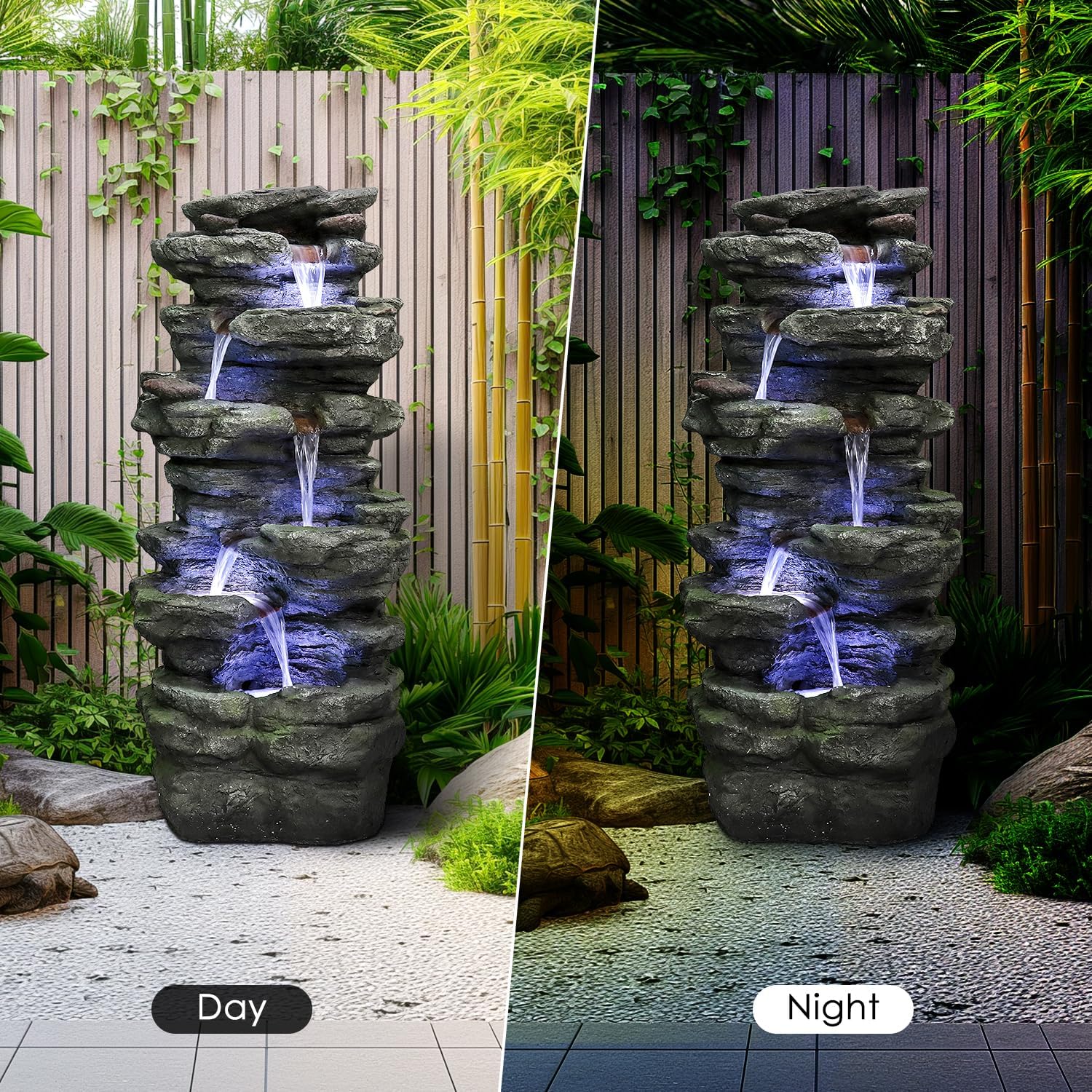 SunJet 40' High 6-Tiers Cascading Rock Outdoor Water Fountain with LED Lights - Large Outdoor Fountains and Waterfalls for Garden or Patio, Yard, and Deck Decor, Featuring Natural Stone Look