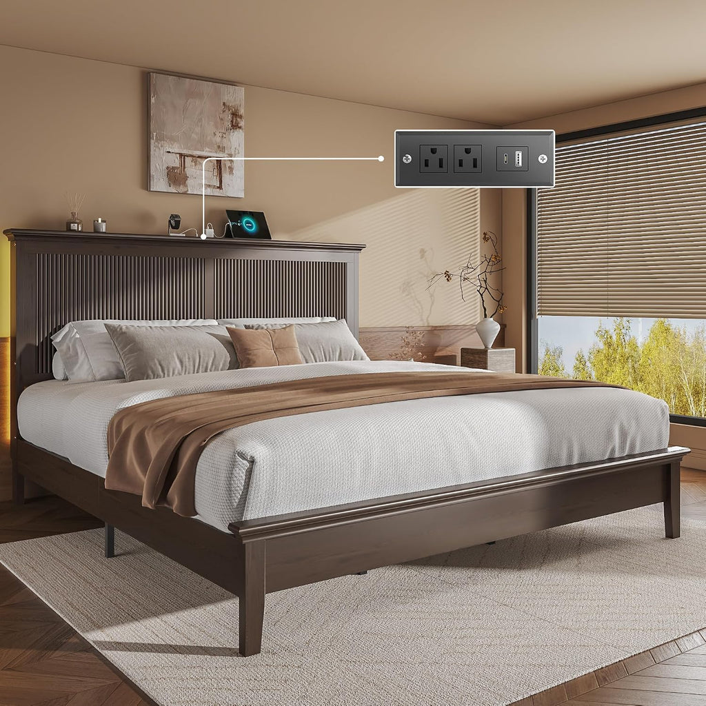 Lifezone King Bed Frame with Headboard, Solid Wood Bed Frame King Size with Charging Station & RGB LED, Wood Slats Support, Noise-Free, Sturdy Structure, Easy Assembly, Walnut