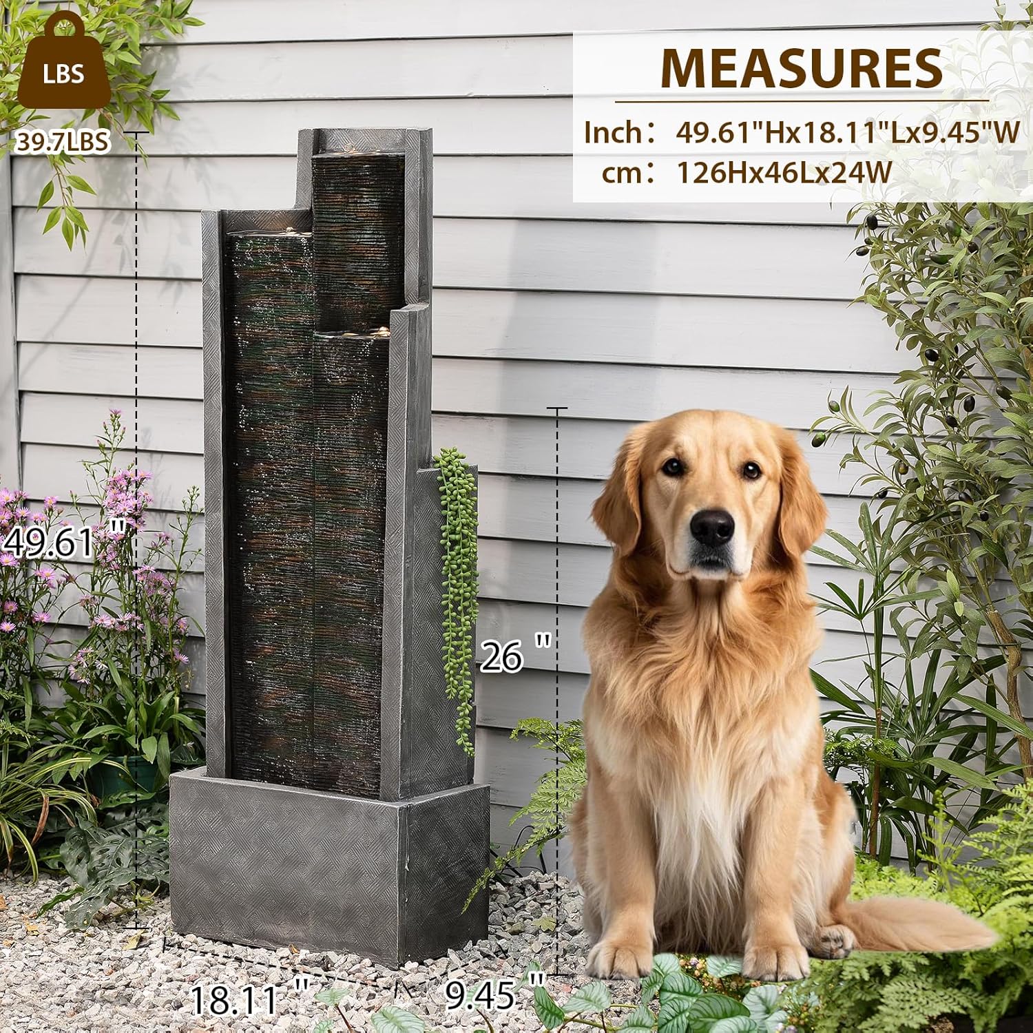 Sunlinua 49.6H Modern Outdoor Water Fountain with LED Light Garden Cascading Waterfall Feature for Indoor or Outdoor Cascading Waterfall for Relaxing Garden Patio Backyard Porch or Home Décor
