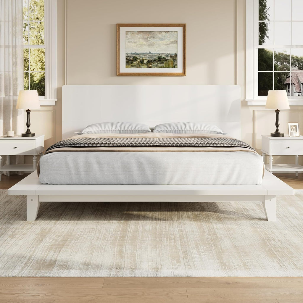 Merax King Size Solid Wood Platform Bed Frame, Modern Comfortable with Headboard, Slat Support, No Box Spring Needed, White