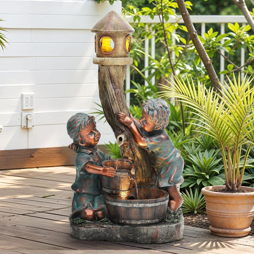 31' Boy & Girl Outdoor Water Fountain with LED Lights, Pagoda and Wood Barrel Garden Fountain, 3-Tier Cascading Waterfall for Tranquil Backyard, Patio or Porch, Faux Bronze Finish
