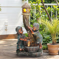 31' Boy & Girl Outdoor Water Fountain with LED Lights, Pagoda and Wood Barrel Garden Fountain, 3-Tier Cascading Waterfall for Tranquil Backyard, Patio or Porch, Faux Bronze Finish