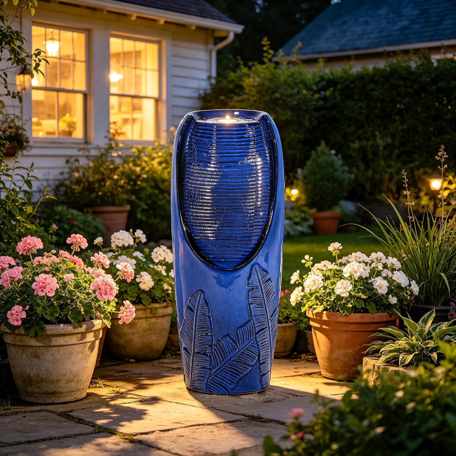 33' Tall Outdoor Garden Fountain with LED Lights, Modern Ceramic Jar Water Fountain, 3D Tropical Leaf Pattern, Cobalt Blue Glaze, Soothing Cascading Waterfall for Relaxing Patio, Yard, Porch