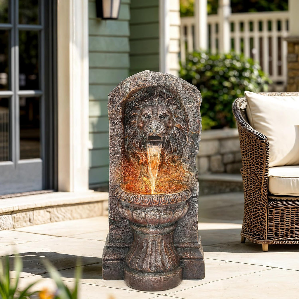 30' Majestic Lion Head Outdoor Water Fountain, Rustic Stone Pedestal Cascading Water Feature with Warm LED Lights, Tranquil Oasis for Outside Garden Patio Yard Decor