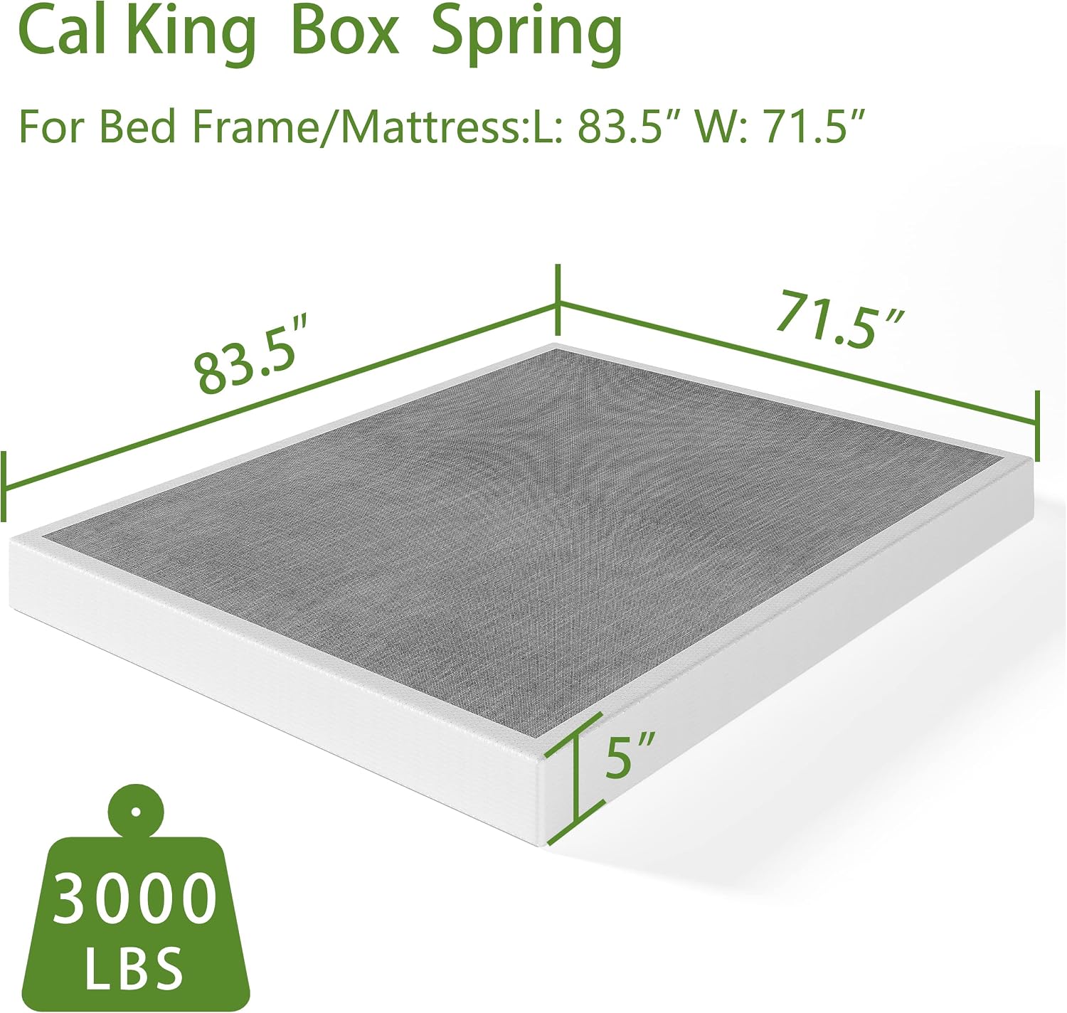 Cal King Box Spring Only, 5 Inch Low Profile Heavy Duty Metal Structure with Easy Clean Fabric Bed Cover, Non-Slip, Noise Free, Easy Assembly (California King)