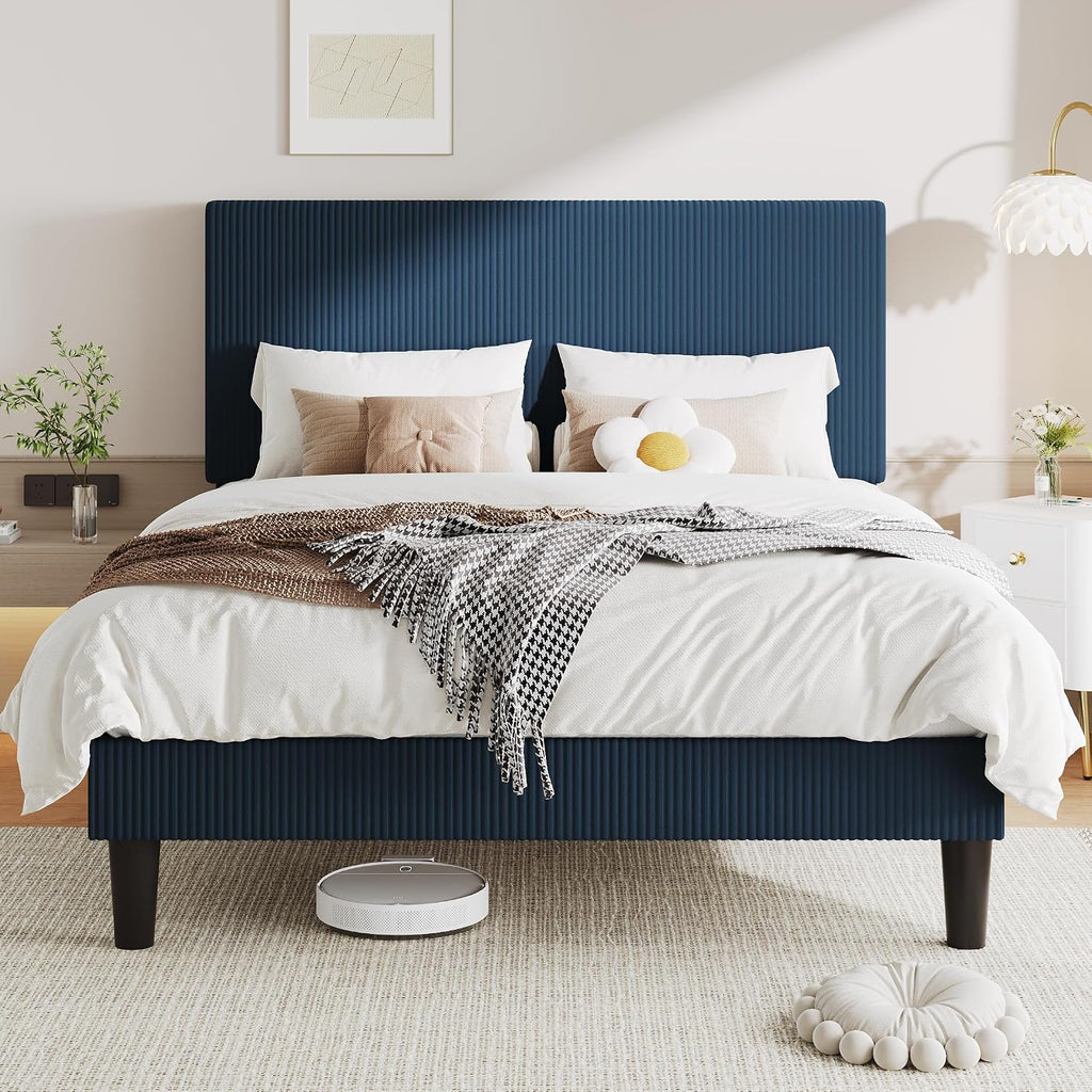 Allewie Queen Size Upholstered Bed Frame with Vertical Channel Tufted Headboard, Soft Corduroy Fabric Platform Bed, Strong Wooden Slats Support, Easy Assembly, No Box Spring Needed, Dark Blue