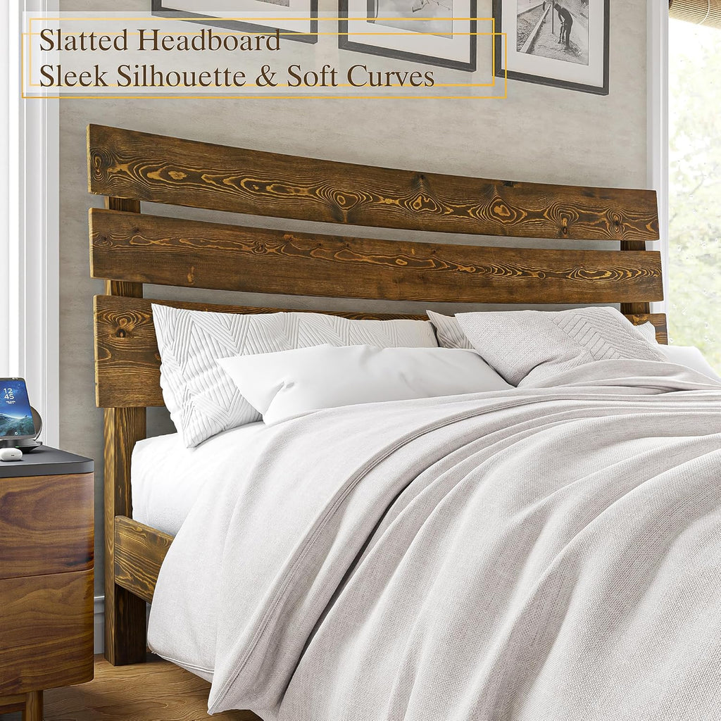 VanAcc Queen Size Solid Wood Bed Frame, Mid Century Platform Bed with Slatted Headboard, Wood Slat Support/No Box Spring Needed/Noise Free/Caramel