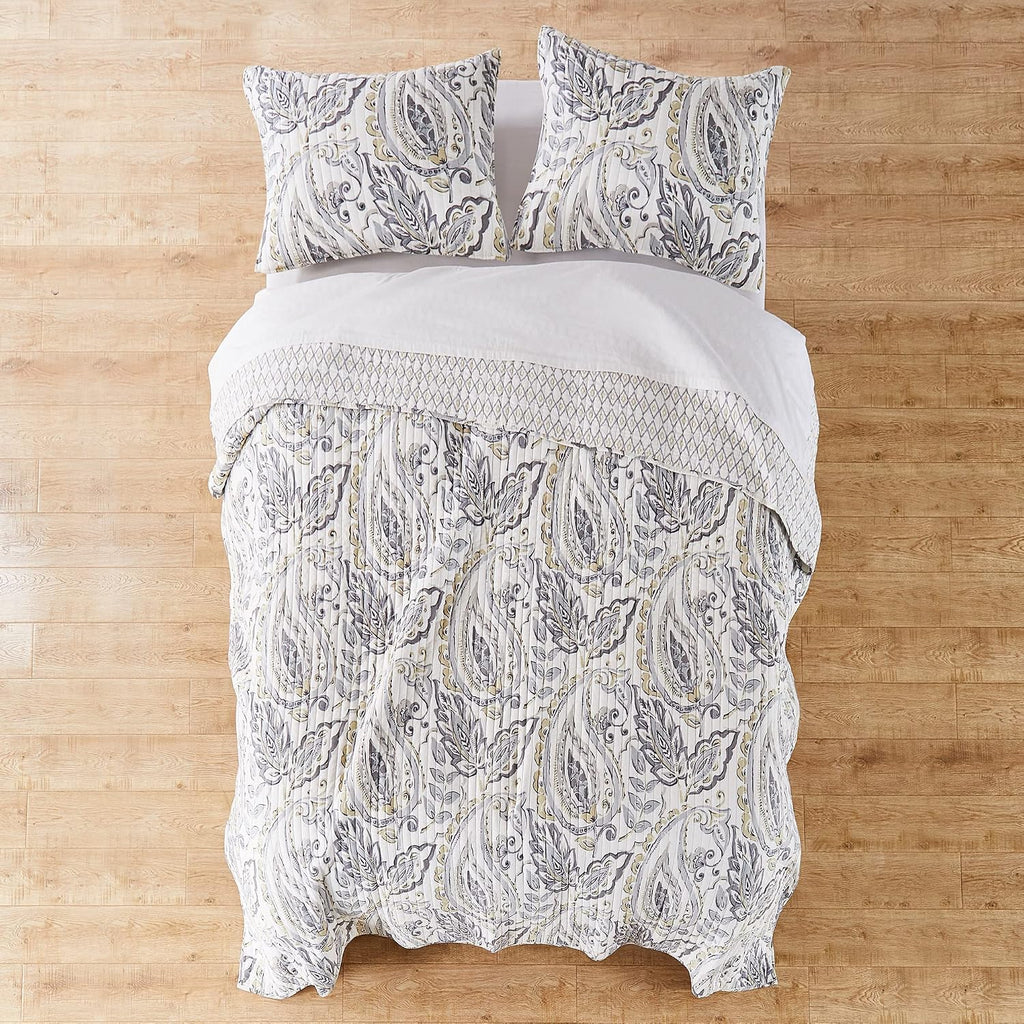 Levtex Home - Tamsin Grey Quilt Set -Twin Quilt + One Standard Pillow Sham - Modern Paisley - Grey Taupe Off-White - Quilt Size (68x86in.) and Pillow Sham Size (26x20in.) - Reversible - Cotton