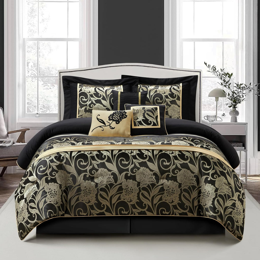 Stratford Park Jacquard 7-Piece Comforter Bedding Set, Black, Bed Size King, Floral Bedding Set, Matching Bedskirt, Pillows & Shams