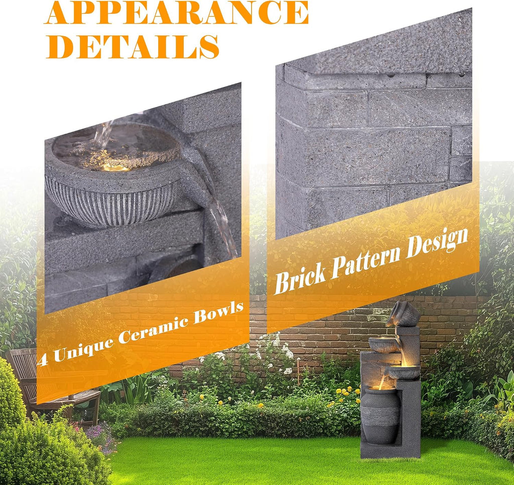 32' Outdoor/Indoor Garden Water Fountains, 4 Tiers Cascading Resin Fountains and Waterfalls with LEDs & Bowls, Modern Floor-Standing Patio Fountain for Porch, Deck, Yard (Grey)