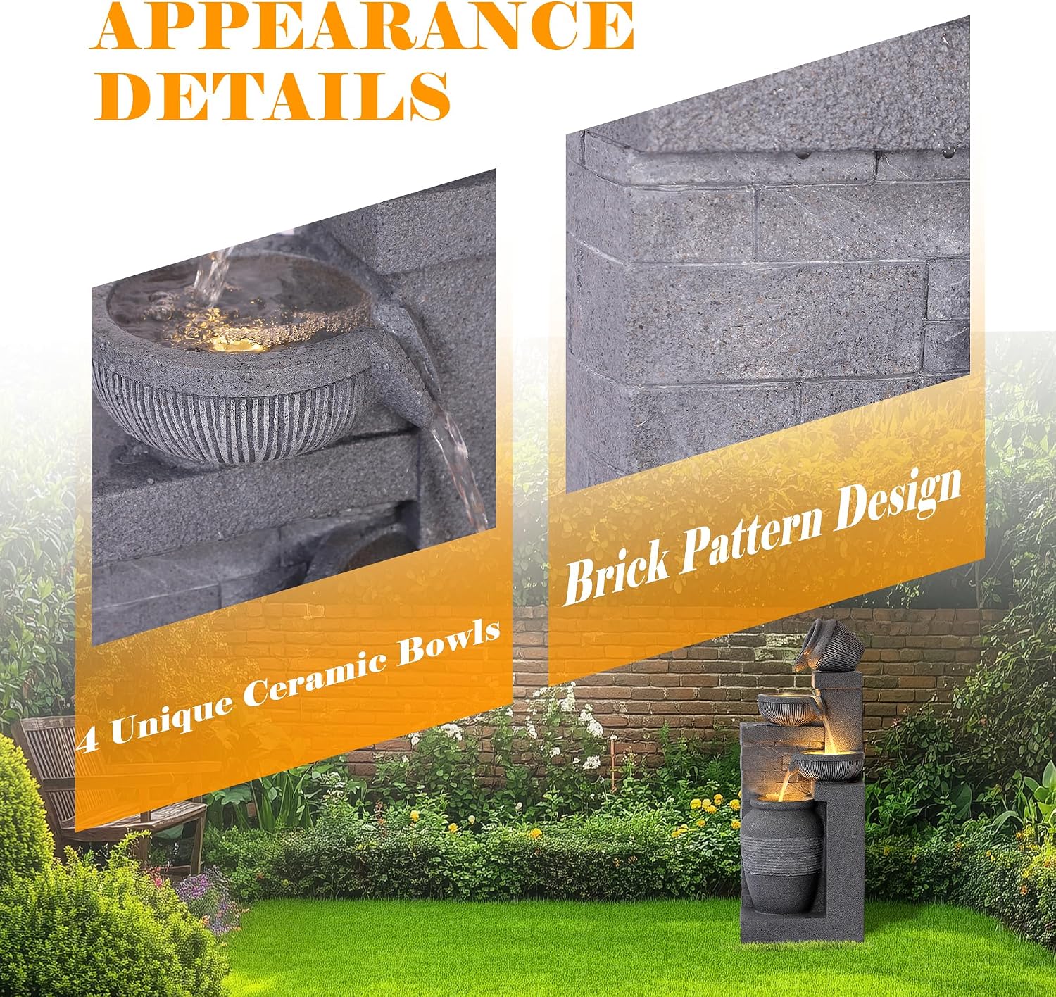 32' Outdoor/Indoor Garden Water Fountains, 4 Tiers Cascading Resin Fountains and Waterfalls with LEDs & Bowls, Modern Floor-Standing Patio Fountain for Porch, Deck, Yard (Grey)