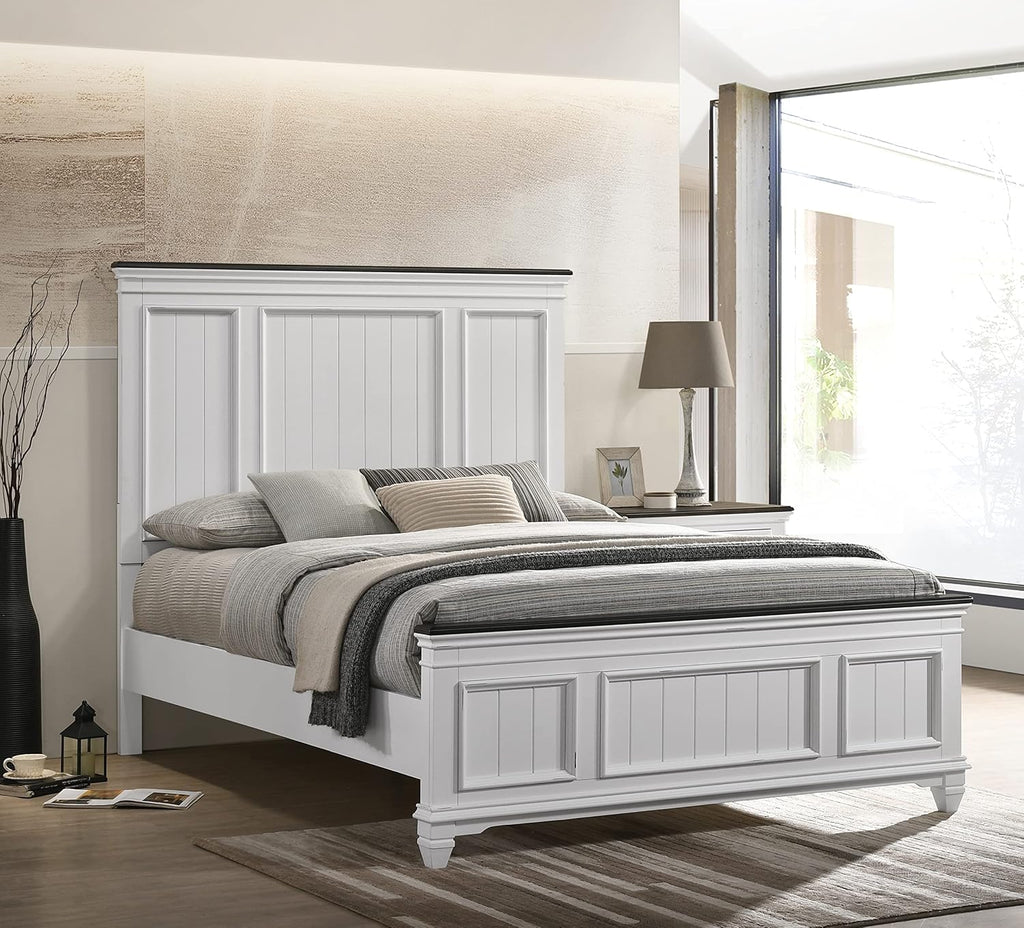 Clelane Shiplap Wood Panel Bed, Weathered White and Dark Gray