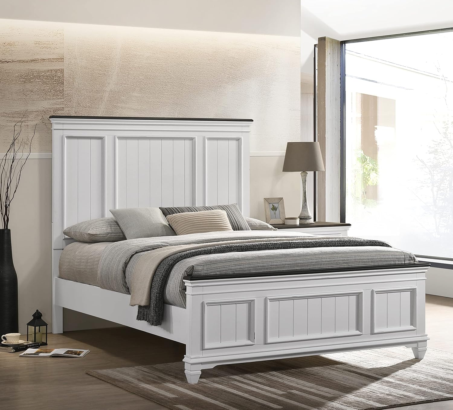 Clelane Shiplap Wood Panel Bed, Weathered White and Dark Gray