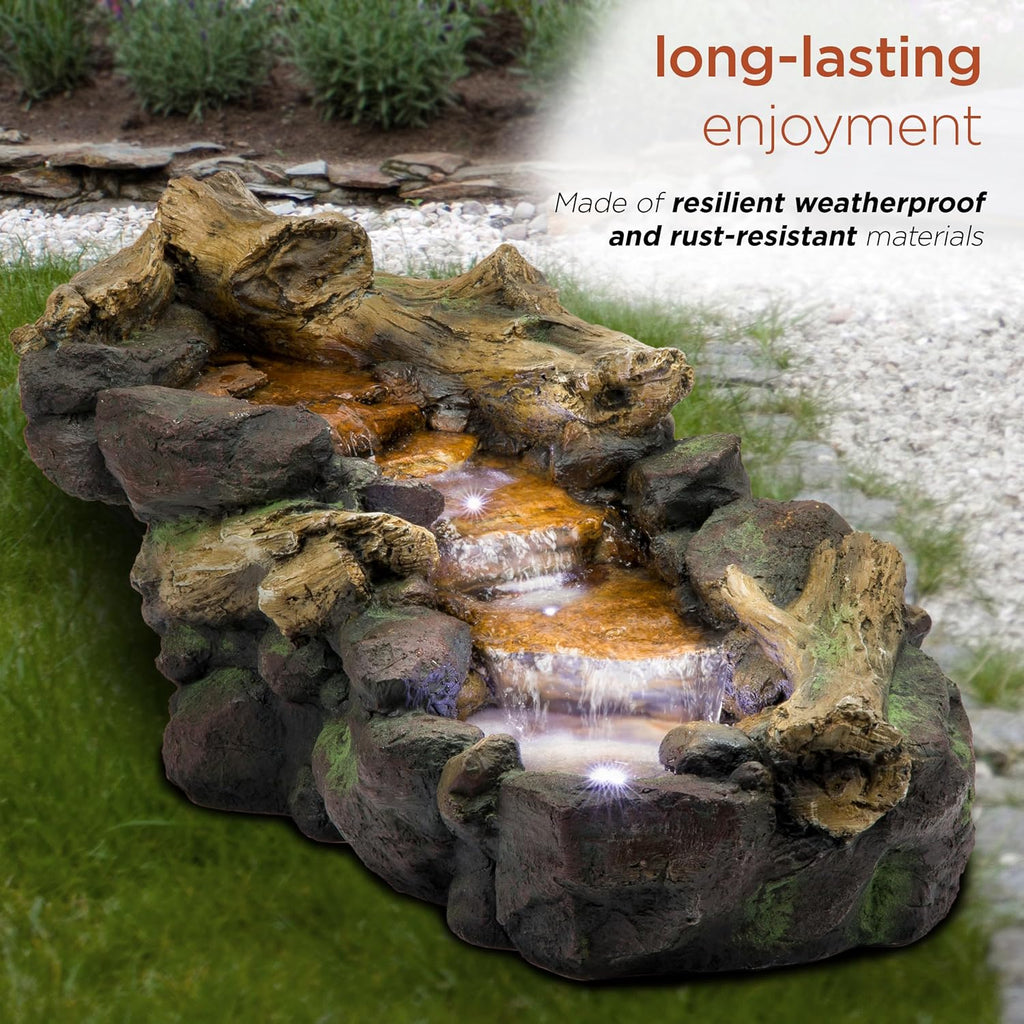 Alpine Corporation TZL296 41' Long Indoor/Outdoor River Rock and Log Fountain with LED Lights – Outdoor Water Feature for Garden, Patio, and Home Décor, Brown