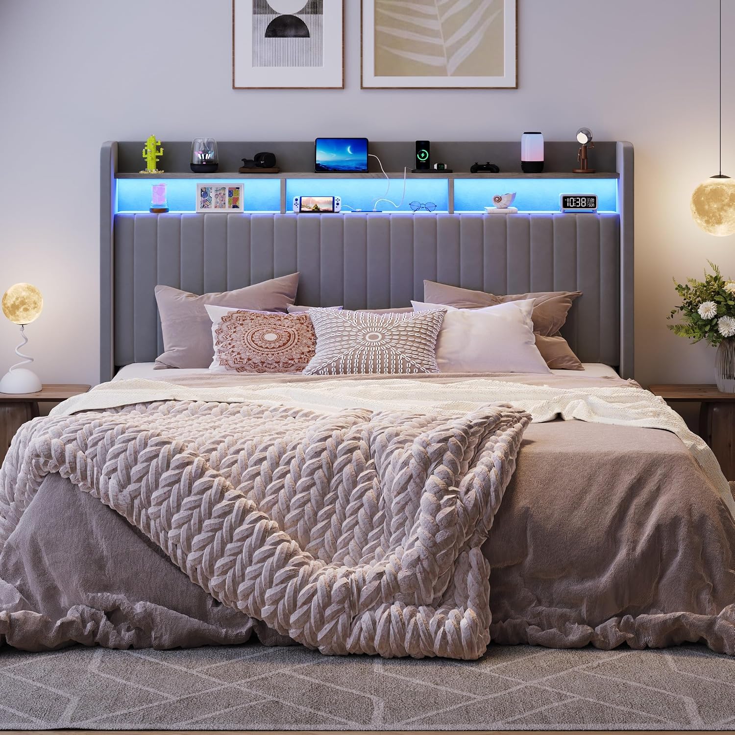 SHA CERLIN King Size Lift Up Storage Bed Frame/LED Lights/Charging Station/2-Tier Shelves Headboard/USB,Type-C Ports/Velvet Upholstered/Hydraulic Support/No Box Spring Needed/Noise Free/Gray
