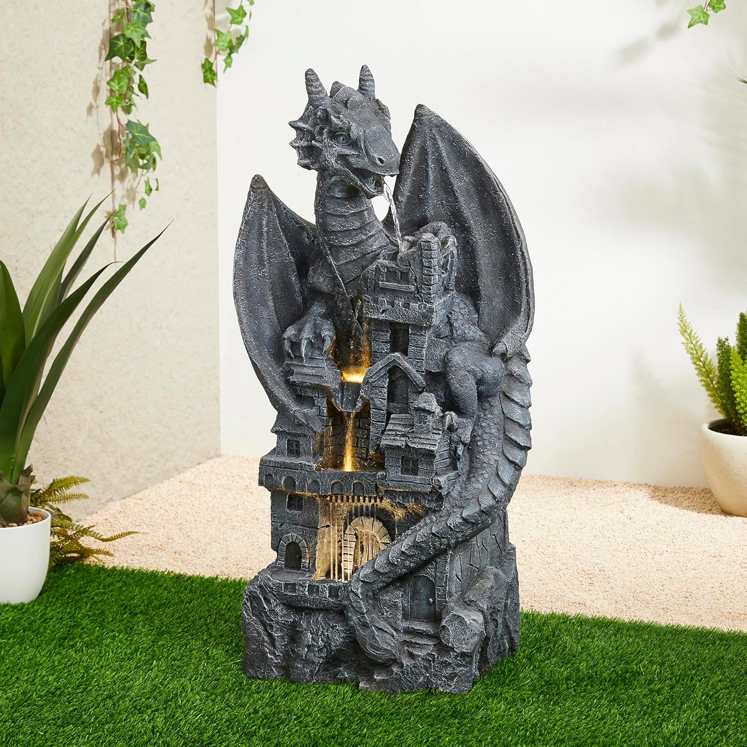 Glitzhome 37'H 4 Tiers Resin Waterfalls Water Fountain, Mystical Gothic Dragon Perched Atop The Castle Sculptural with Pump & LED Light Indoor Outdoor Floor Fountain for Garden Patio Backyard Decking