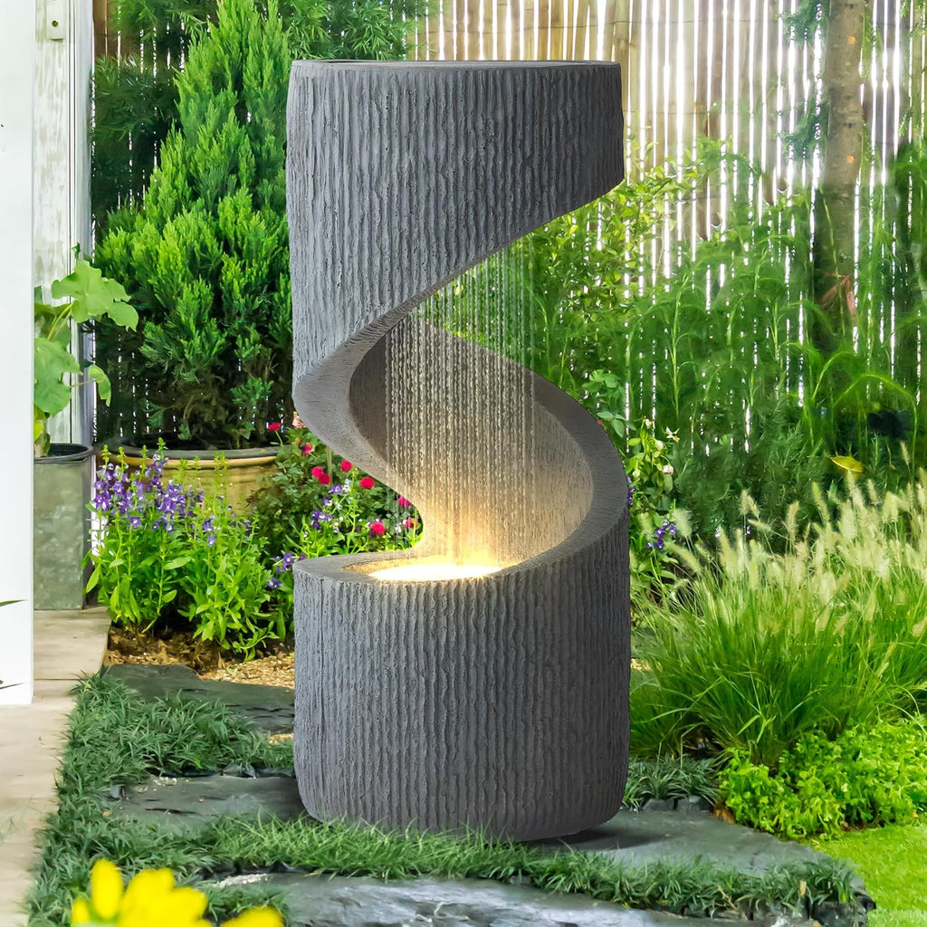 31.9' Outdoor Garden Water Fountain, S-Shaped Cascading Fountains and Waterfalls with LED Lights & Splash-Proof Net, Indoor/Outdoor Floor Standing Water Feature for Patio, Backyard, Home Decor