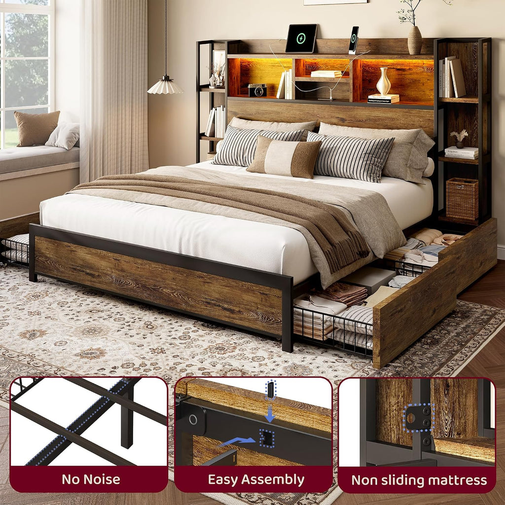 BRELTAM King Size Bed Frame with 4 Storage Drawers and Headboard Featuring Shelf Storage, Wooden Platform Bed Frame with LED Lights and Charging Station, Easy Assembly/No Box Spring Needed/Brown