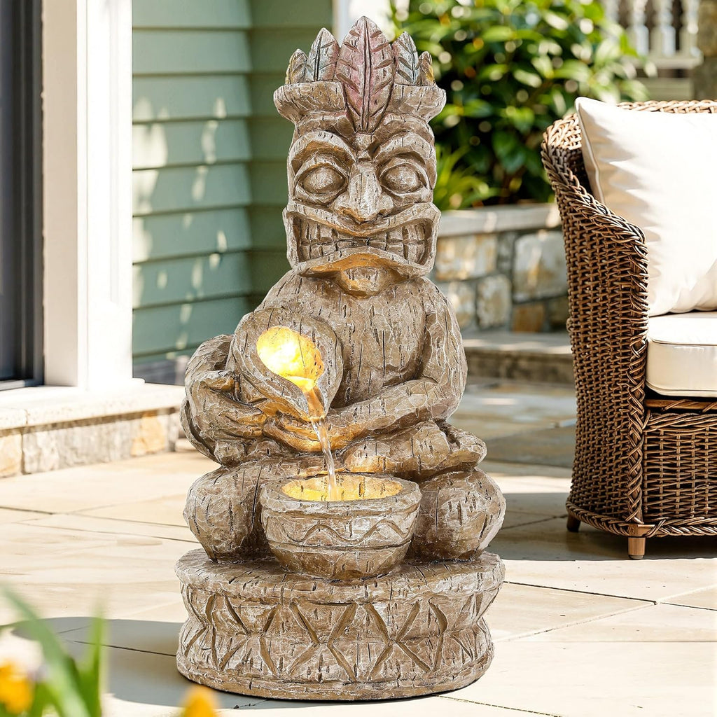 23' Tiki Outdoor Water Fountain, 2-Tier Water Feature with LED Lights, Soothing Cascading Waterfall for Tranquile, Relaxing, Meditative Patio, Backyard, Garden or Porch